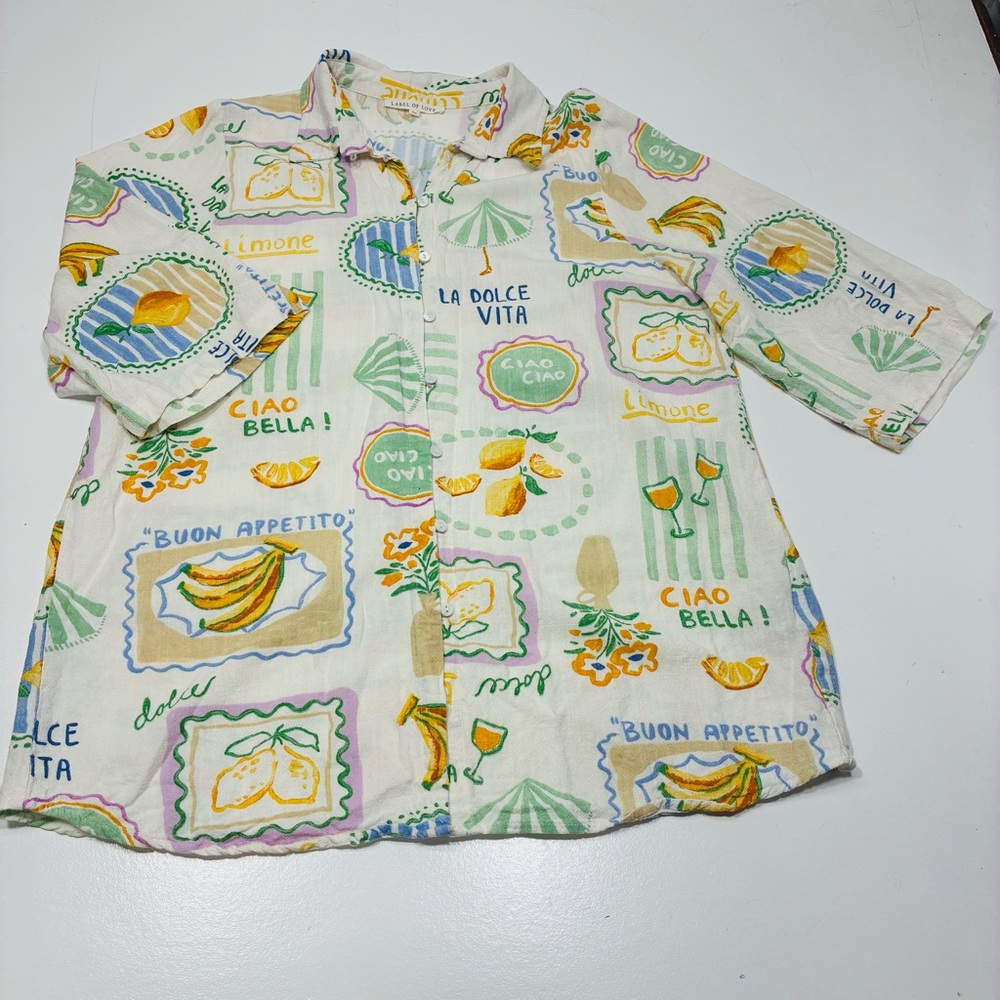 Label of Love Women's Shirt Size M Linen Blend Colorful Graphic 3/4 sleeves - Picture 11 of 15